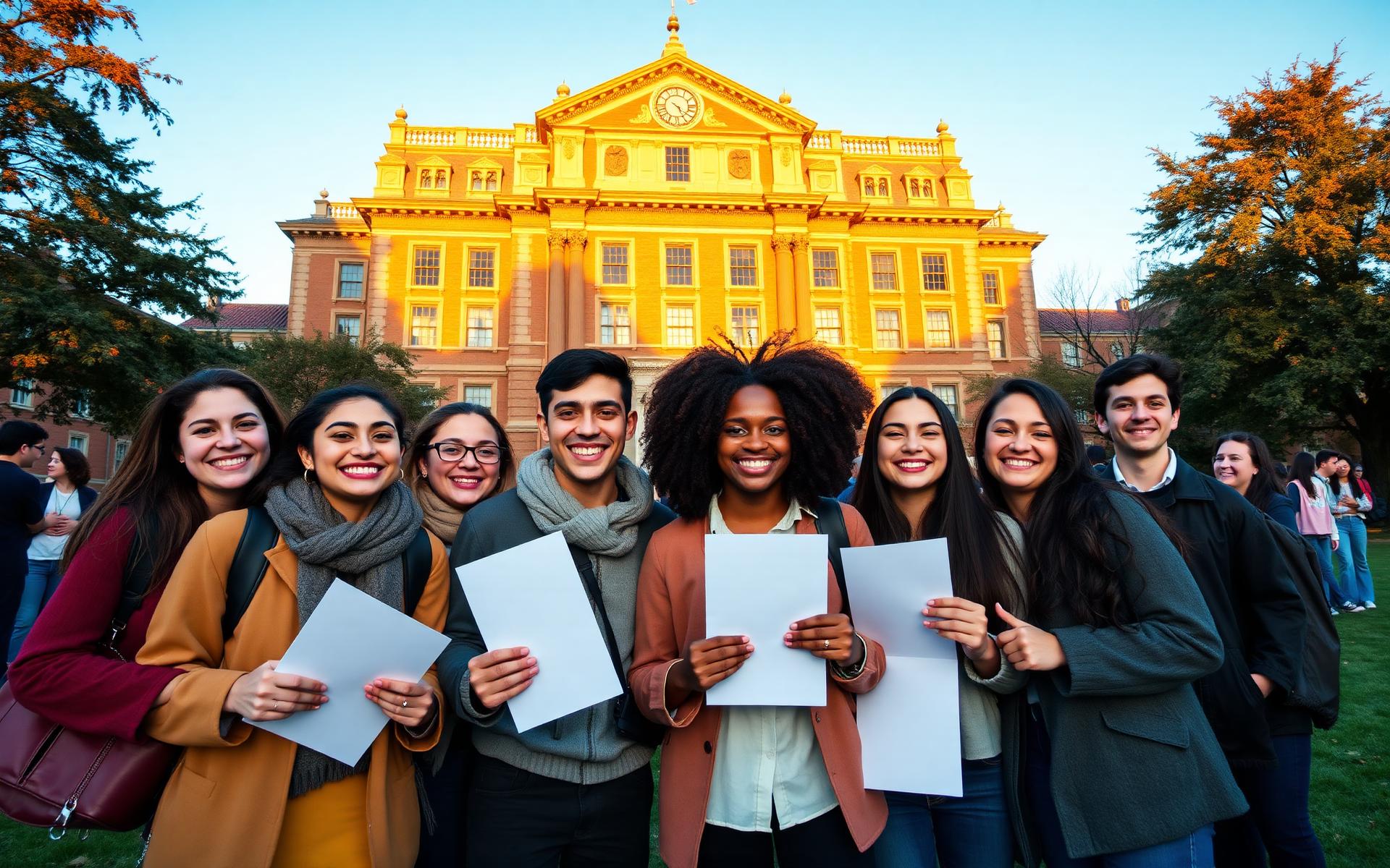 International students celebrating outside a university campus